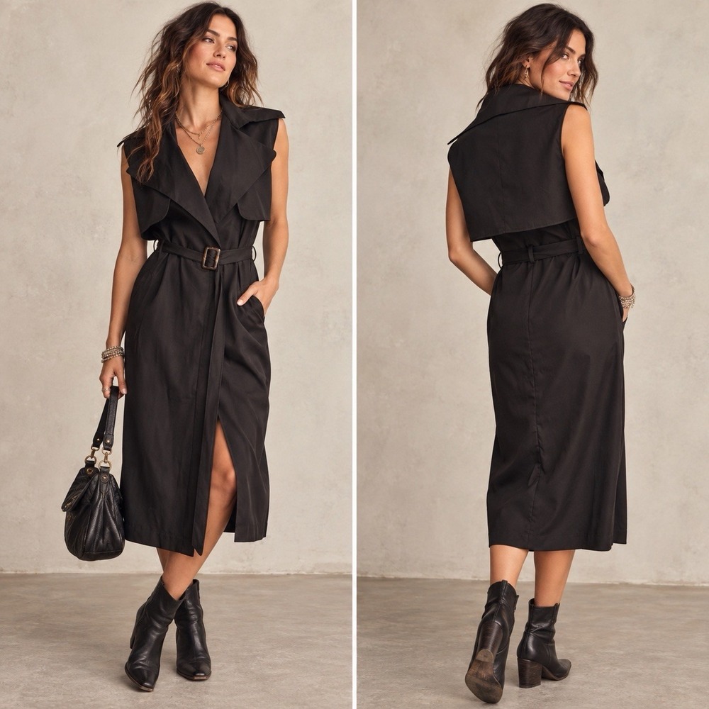 Missguided Black Sleeveless Trench Midi Dress NWT Sz 2 Belted Cape Back Witchy